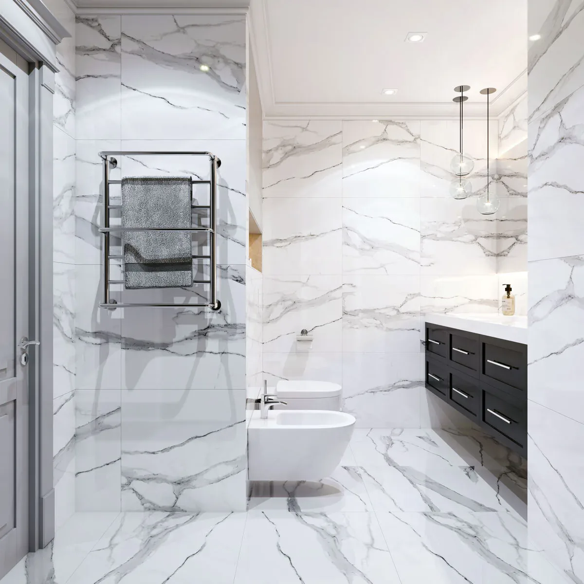 Bathroom with large white marble-look tile on the walls and floor, a heated towel rail and a dark floating vanity