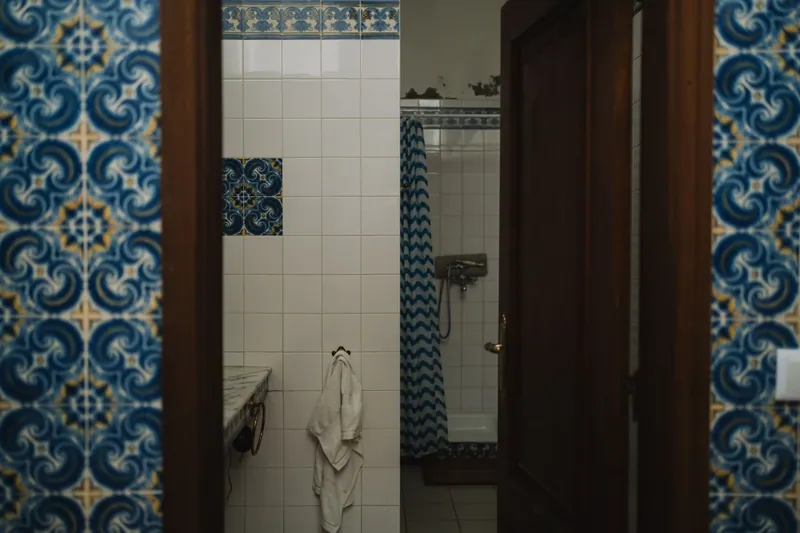 Doorway view of a bathroom with blue patterned wall tile and a curtained shower